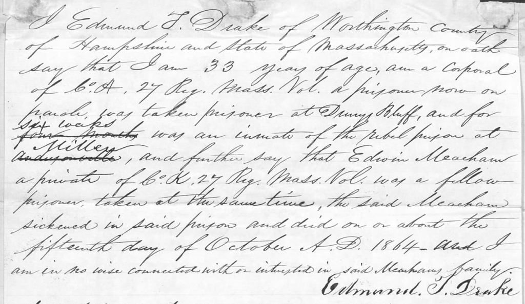 Testimoy of Edmund Drake, about the death of Edwin Meacham